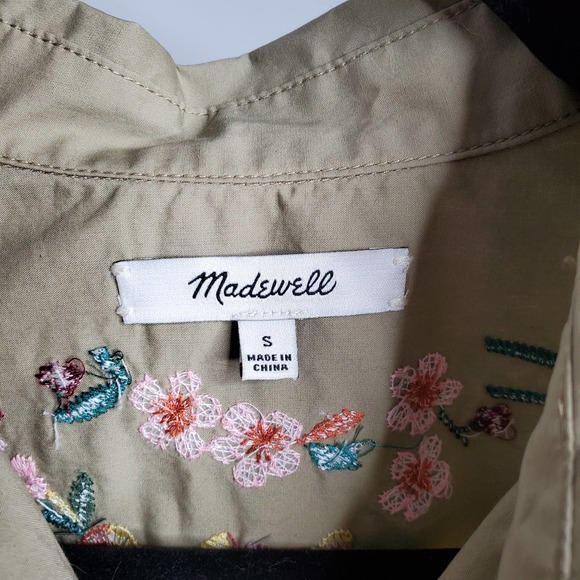 MADEWELL • Khaki Floral Embroidered Short Sleeve Button Top Sz S - Picture 5 of 8